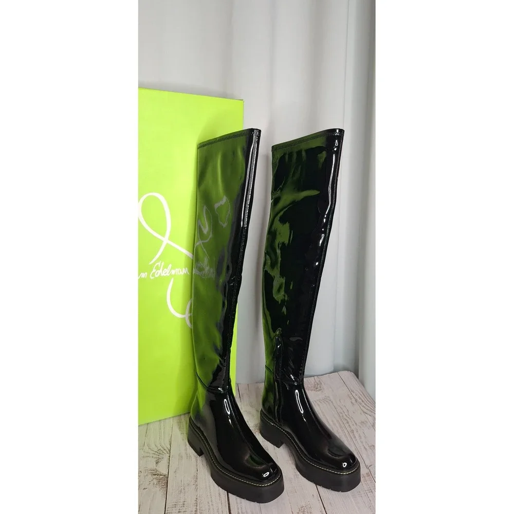 Sam Edelman Lydia Black Patent Over The Knee Lug Sole Boots I3399S1001  6.5M *